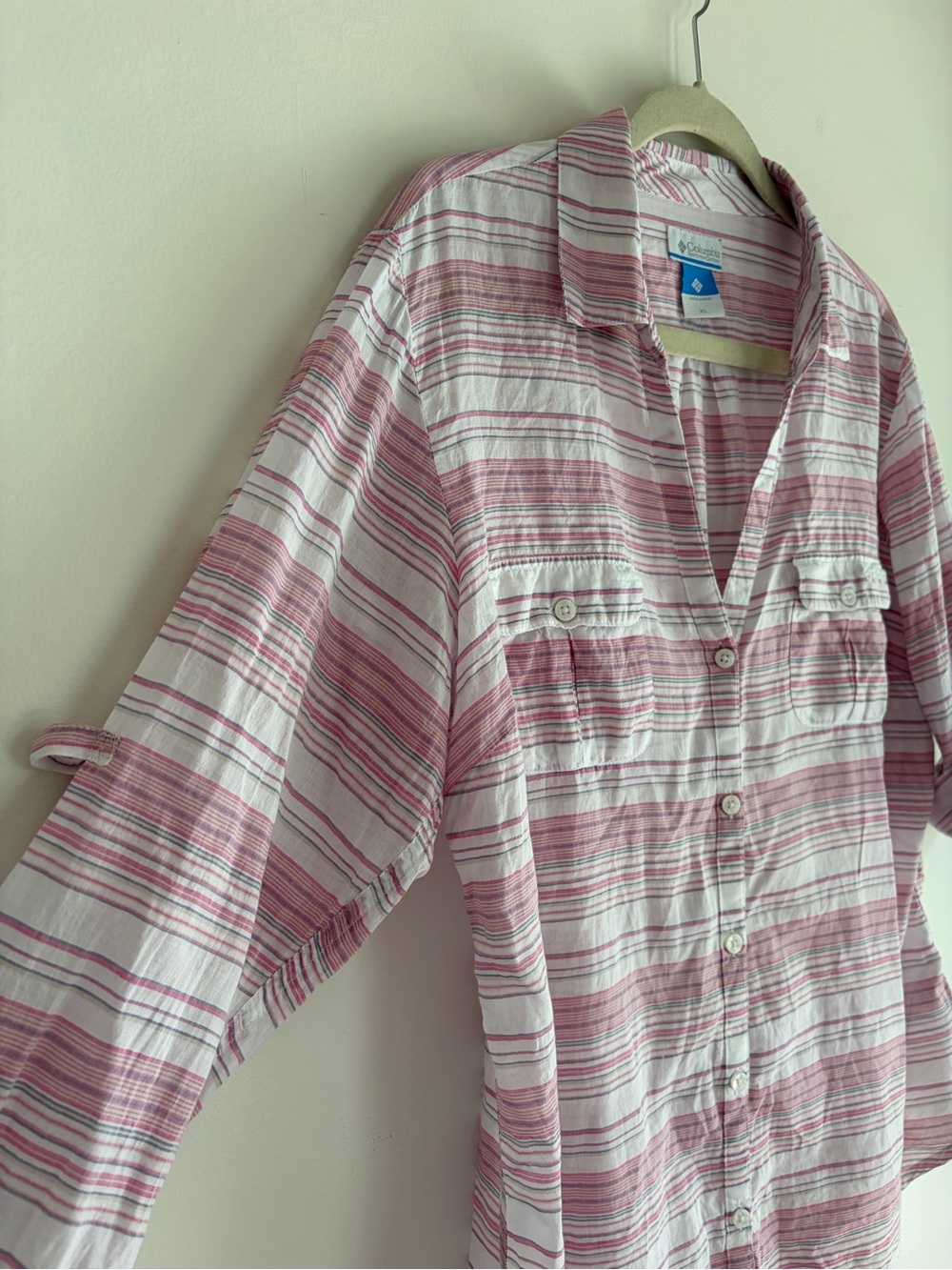 Columbia Women's 100% Cotton Striped Roll Sleeve Button Down Shirt Size XL - Picture 2 of 6